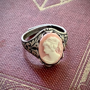 Cameo Ring- Pink Lady in Silver- adjustable