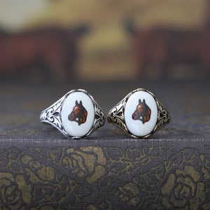 Vintage Horse Cabochon Ring in Antiqued Sterling Plate or Antiqued Brass