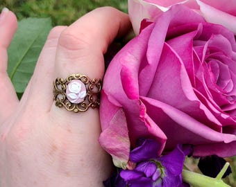 Pink Rose Filigree Cameo Ring in Antiqued Silver or Antiqued Brass, Pick a Vintage Style Cabochon