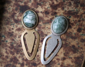 Green Tree Agate Stone Bookmark - Pick a Rock Aventurine Onyx Tigereye Sodalite Howlite Unakite Agate Semi-precious Stone in Silver or Brass