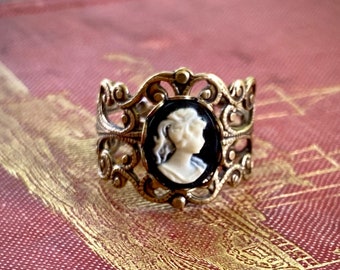 Black and White Lady Cameo Ring in Antiqued Brass or Sterling Silver Plate Vintage Style