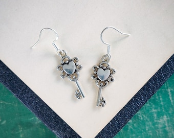 Key to My Heart Small Earrings in Antiqued Brass or Silver