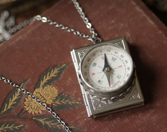 Working Compass Novel Book Locket Necklace With Two Picture Slots in Antiqued Silver Literary Academia Vintage Style