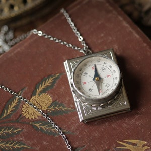 Compass Book Locket in Antiqued Silver Plate Vintage Style