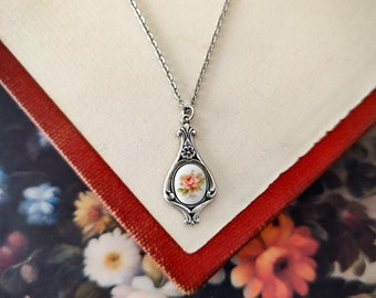 Rose Cabachon Necklace Vintage Style Drop in Antiqued Brass or Silver Choose Yellow, Pink, or Blue
