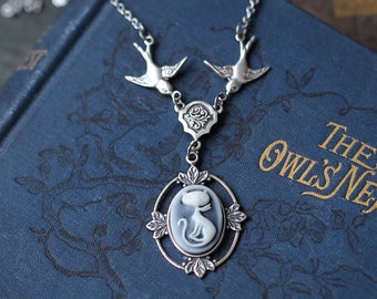 Cat Cameo Necklace Modern Vintage Whimsical Blue Feline Pendant with Birds - Choose a Kitten Feline or Bunny Cameo