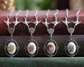 Vintage Flower Cameo Necklace in Sterling Silver or Antiqued Bronze, Dainty Antique Cabochon Pendant