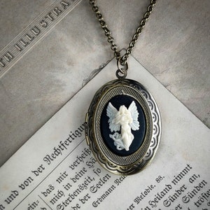 Angel Cameo Oval Vintage Style Locket Necklace in Brass, Shiny Silver, or Antiqued Silver