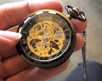 Postmodern Brass Mechanical Pocket Watch on Fob or Necklace