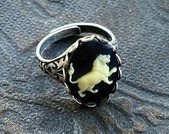 Leo Lion Zodiac Cameo Ring | Vintage-Inspired Astrology Jewelry | Adjustable Leo Ring in Antiqued Brass or Silver