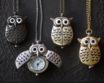 Silver Owl Watch Necklace with Wings - Choose Gold, Brass, Gunmetal or Silver Finish