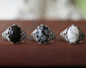 Vintage Style Stone Ring - Black Onyx, Black and Gray Snowflake Obsidian or White Howlite in Silver or Brass