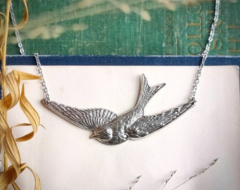 Sparrow In Flight Vintage Style Necklace available in Antiqued Brass or Silver