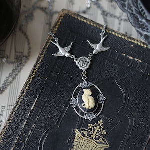 Victorian Cat Cameo Necklaces with Birds - Choose a Cat or Bunny