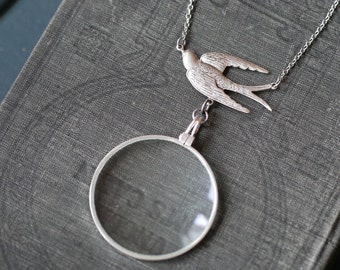 Collier à pendentif monocle en argent vieilli ou laiton vieilli