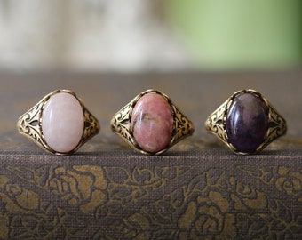 Edwardian Ring with Gemstone in Vintage Style- Choose a Pink or Purple Gemstone: Quartz, Amethyst, or Rhodonite, Sterling Silver or Brass
