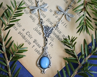 Dragonfly Necklace with Blue Stone or Shell Vintage-Style Victorian Drop - Agate, Howlite, Sodalite, Paua Shell. Antiqued Silver or Brass
