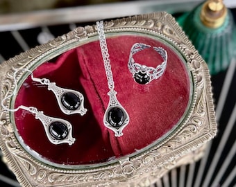 Black Onyx Jewelry Set in Silver or Brass, Vintage Style Boho Necklace, Earrings or Ring, Dainty Floral Witchy Whimsical Gothic Jewelry