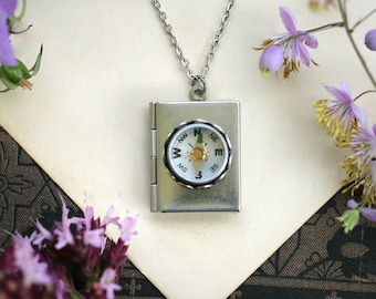 Book Locket in Antiqued Sterling Silver Plate Vintage Style with Working Compass