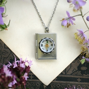 Book Locket Necklace in Antiqued Sterling Silver Plate Vintage Style with Working Compass