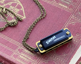 Working Harmonica Musical Pendant Necklace in Antiqued Brass