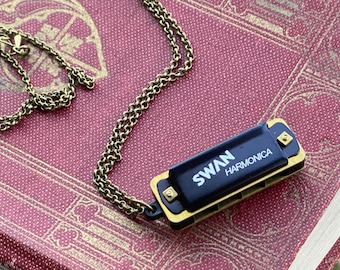 Working Harmonica Musical Pendant Necklace in Antiqued Brass