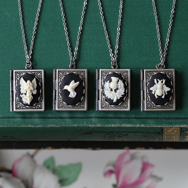 Cameo Book Locket Necklace - Choose Bee, Angel, Thistle or Hummingbird