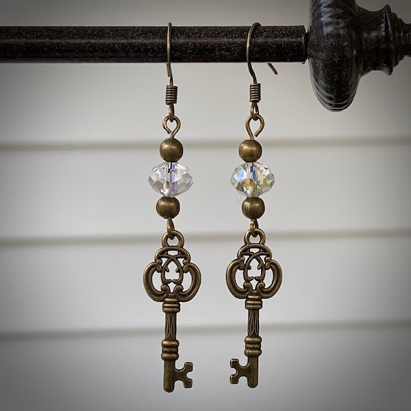 Bronze Key Charm Earrings with Glass Beads