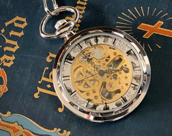 Silver Postmodern Mechanical Pocket Watch on Fob or Necklace