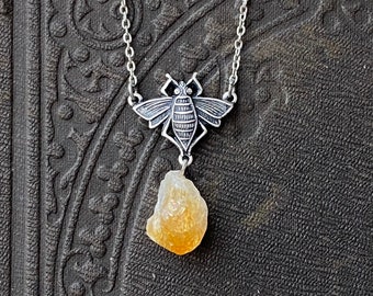 Raw Citrine Stone Silver Honey Drop Bee Pendant Necklace
