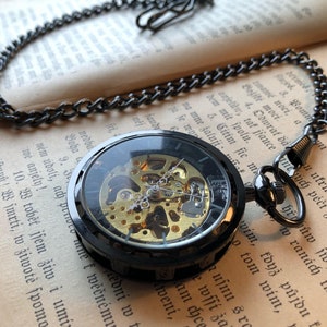 Black Postmodern Mechanical Pocket Watch on Fob or Necklace Gun Metal