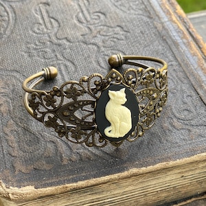 Cat Bracelet Filigree Cuff in Black and White - Antiqued Brass