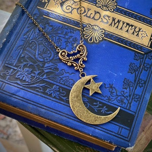 Crescent Moon and Star Pendant Necklace in Brass