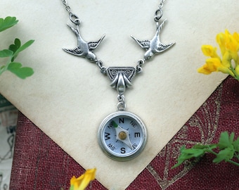 Elegant Compass Necklace with Birds, Dragonflies, or Vintage Style Filigree, Tiny Working Compass