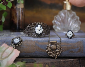 Scottish Thistle Jewelry Set, Vintage Style Thistle Matching Jewelry, Thistle Ring, Necklace, Brooch, Cameo Locket, Celtic Gifts for Women