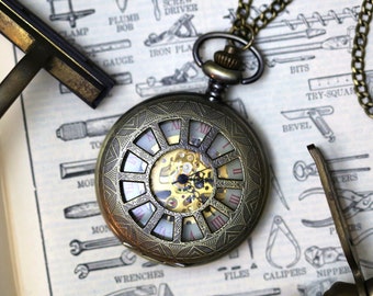 Cogwheel Mechanical Pocket Watch on Pocket Chain or Necklace available in bronze or silver.