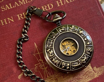 Zodiac Mechanical Pocket Watch on Fob or Necklace Chain