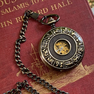 Zodiac Mechanical Pocket Watch on Fob or Necklace Chain