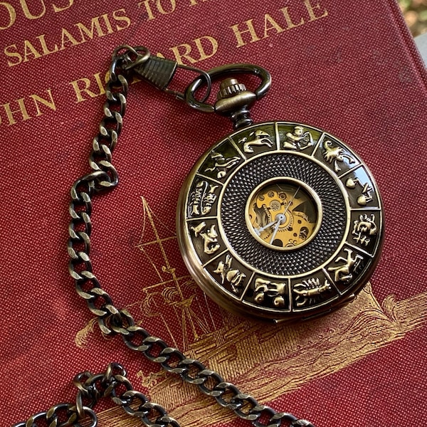 Zodiac Mechanical Pocket Watch on Fob or Necklace Chain