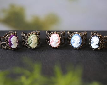 Edwardian Filigree Ring in Antiqued Brass or Sterling Silver, Pick a Cameo Ring Color: Black, Blue, Pink, Purple or Green, Bohemian