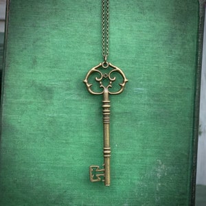 Secret Garden Key Vintage Style Pendant Necklace in Brass or Silver