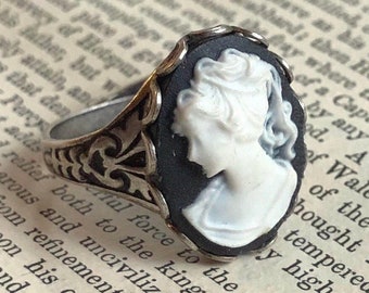 Bague camée noir et blanc pour femme - anneau réglable - couleur au choix