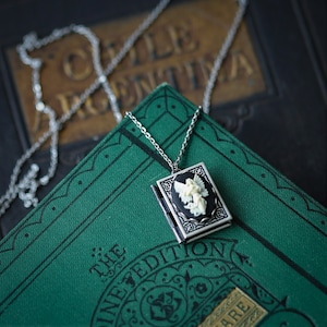 May include: A silver chain necklace with a locket pendant featuring a white cameo of an angel. The locket is open and the chain is draped over a green book with gold lettering that reads "The Illustrated Edition".