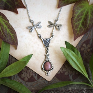 Pink and Purple Stone or Shell Antiqued Dragonfly Necklace