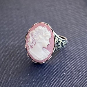 Pink and White Woman Cameo Ring Adjustable in Antiqued Brass or Sterling Silver Plate