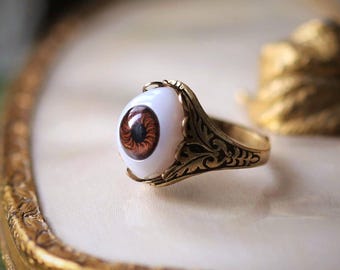 Evil Eye Protection Talisman on Vintage Victorian Adjustable Ring Band, Unique Eye Doctor Jewelry Gifts, Edwardian Custom Eye Color Ring