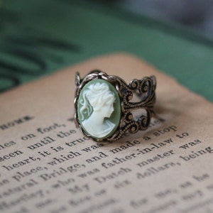 Adjustable Green Women Cameo Ring - Antiqued Brass or Silver Filigree Ring - Choose Black, Blue, Pink, Purple or Green