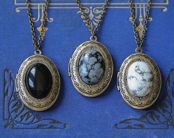 Stone Oval Locket Necklaces in Onyx, Black and Gray Snowflake Obsidian or White Howlite