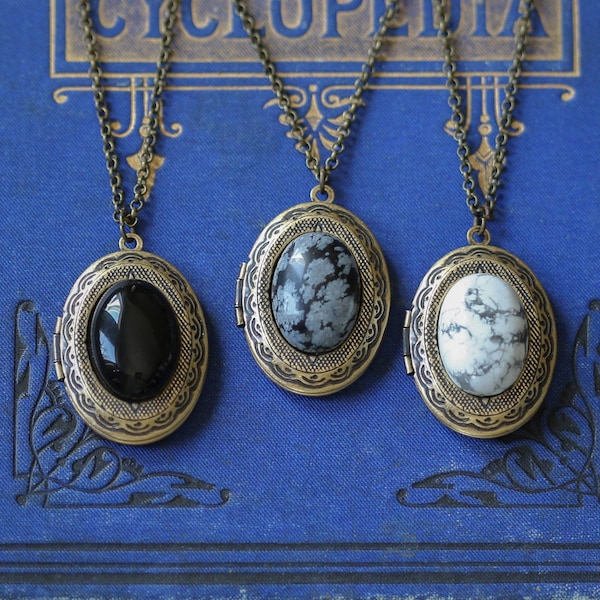 Stone Oval Locket Necklaces in Onyx, Black and Gray Snowflake Obsidian or White Howlite