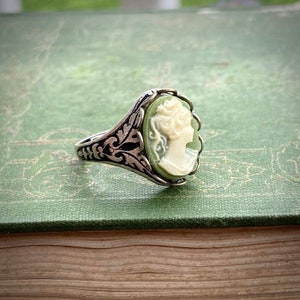 Cameo Ring Green Lady in Antique Silver Adjustable